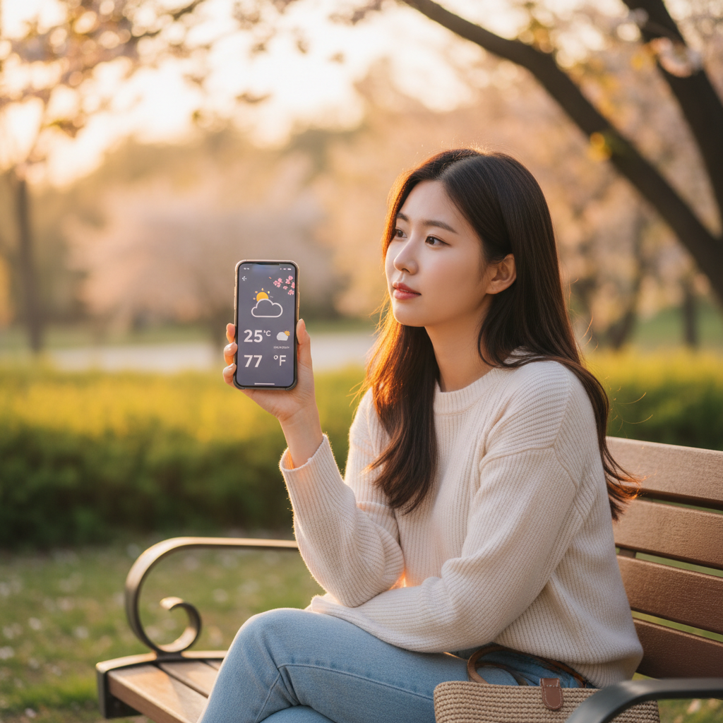 A Korean person looking at a weather app on a smartphone, showing both Celsius and Fahrenheit temperatures, in a natural setting. Lifestyle photography, warm lighting, natural setting, colored background, no text