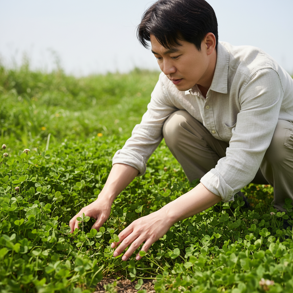 A person carefully searching through a dense field of clovers, hands gently parting the leaves, with a focused expression, natural outdoor lighting, lush green background, lifestyle photography, Korean appearance, no text