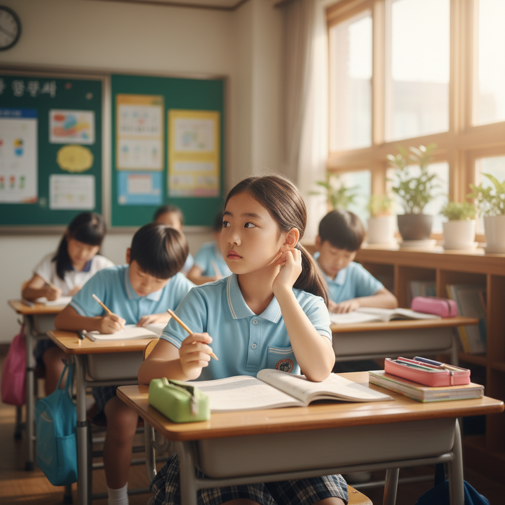 A Korean elementary school student struggling to focus in a classroom, looking distracted, soft warm lighting, detailed background showing other students working, natural setting, no text
