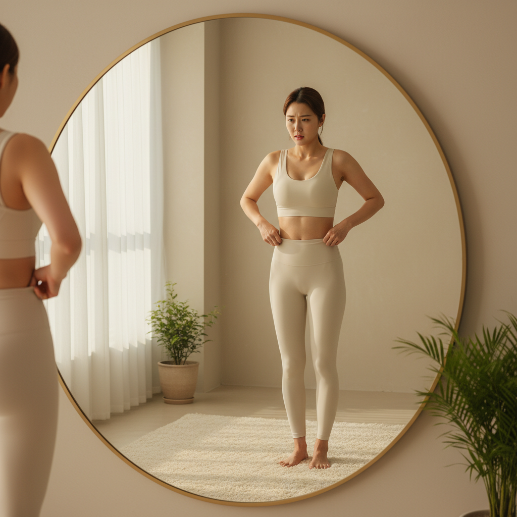 A Korean woman looking concerned about her belly fat while checking herself in a mirror, warm and soft lighting, light colored background, natural expression, centered focus, visually rich, no empty margins, no visible text in image.