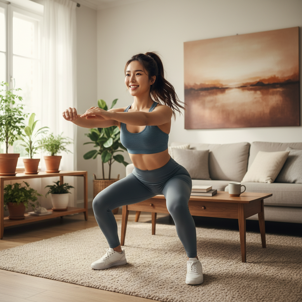 A Korean woman doing squats at home, energetic and healthy atmosphere, wearing workout clothes, living room background, centered focus, visually rich, no empty margins, no visible text in image.