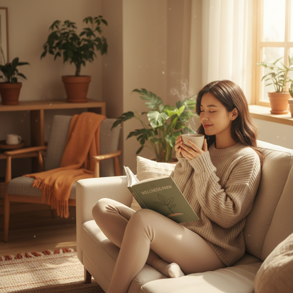 A Korean woman sitting comfortably in a well-lit living room, holding a warm cup of tea and reading a book about healthy lifestyle. A tranquil and thoughtful scene, warm lighting, cozy colored background, no visible text.