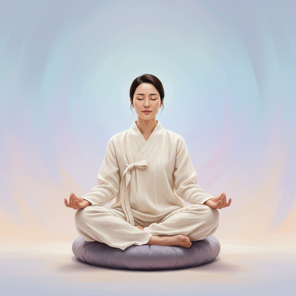 A Korean woman in a calm and peaceful posture, doing yoga or meditation, soft and serene atmosphere, gradient background, centered focus, visually rich, no empty margins, no visible text in image.