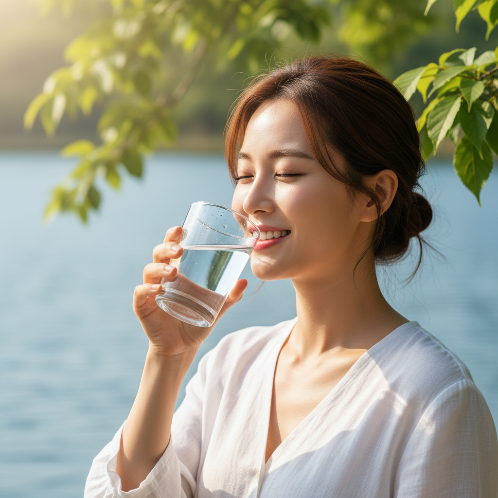 A healthy and vibrant Korean woman happily drinking a glass of water, symbolizing natural hydration and wellness, in a lifestyle photography style, warm lighting, natural green and blue background, no text
