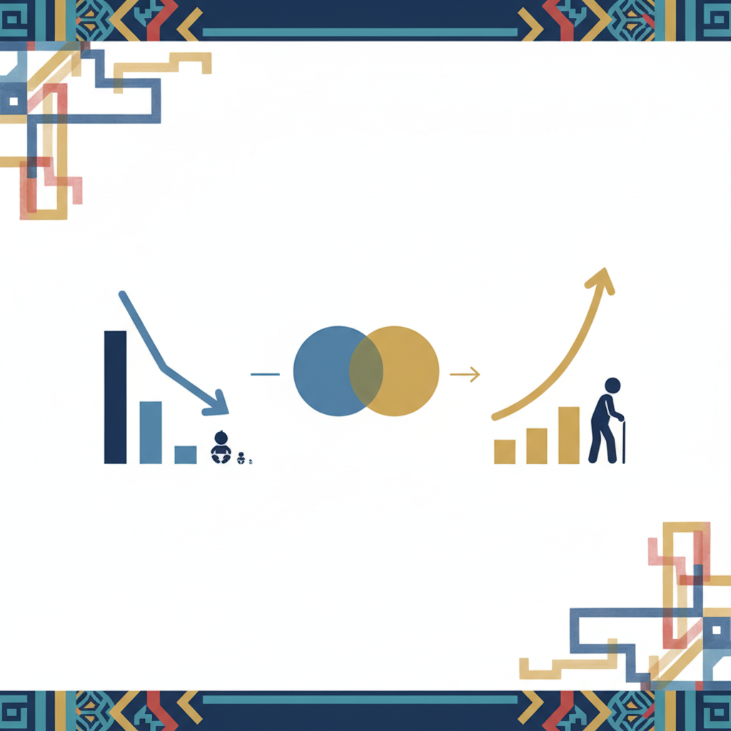 clean infographic, modern layout, high contrast, visualization of Korea's low birth rate and aging population, subtle traditional Korean elements in the background, no visible text, Korean appearance
