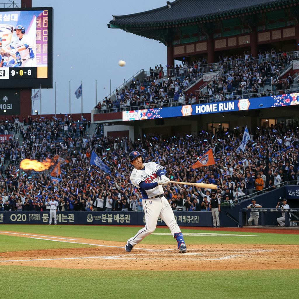 A thrilling moment in a Korean baseball stadium, a player, Korean appearance, is hitting a home run, and the crowd is cheering wildly, vibrant and energetic atmosphere, traditional Korean design elements subtly integrated into the stadium background, lifestyle photography, no text