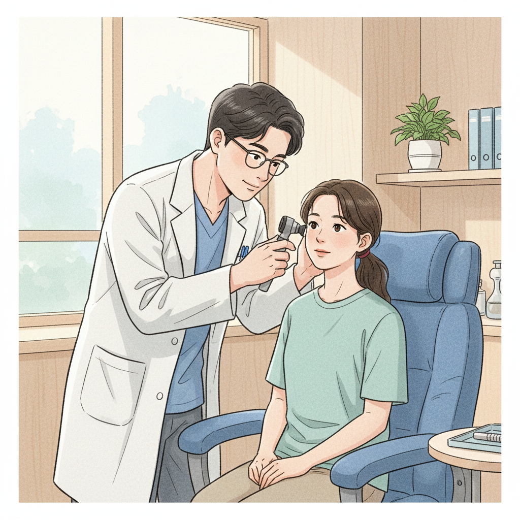 A professional Korean doctor examining a patient's ear, a warm and clean clinic setting, balanced lighting, natural expression, medical illustration style, soft textured background, no text