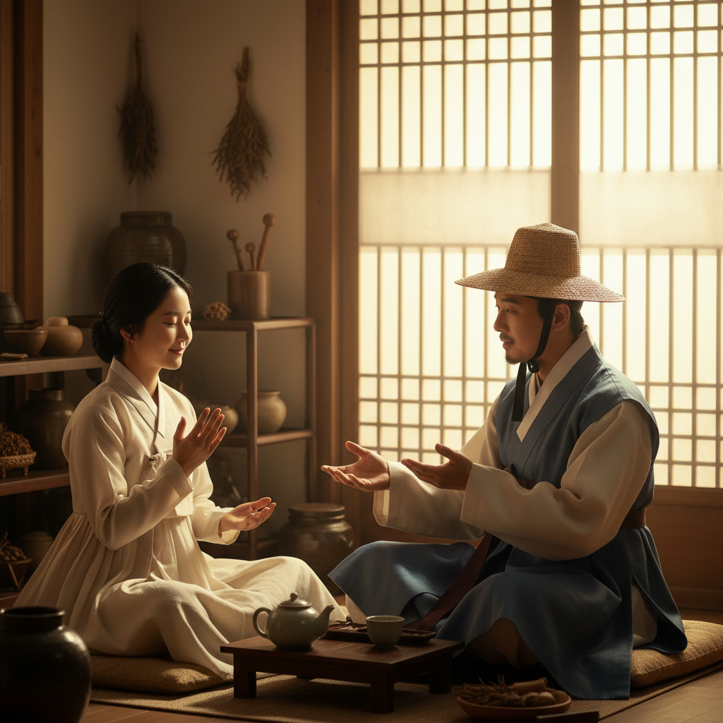 Korean man in traditional medical attire talking to a Korean woman, emphasizing calming techniques, natural light, warm and inviting atmosphere, no text