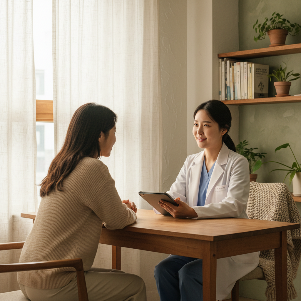 A Korean woman consulting with a doctor in a comfortable, warm clinic setting, soft lighting, textured background, natural expressions, no text