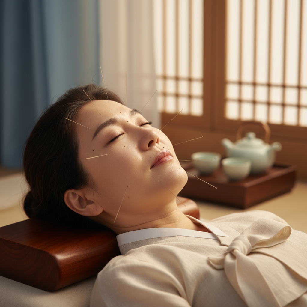 A serene Korean woman in her 50s receiving acupuncture treatment for facial pain, a calm and relieved expression, warm lighting, soft gradient background, Korean setting, no text