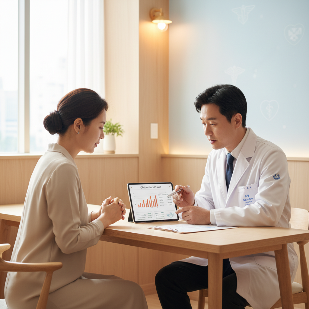 A Korean doctor consulting a patient about cholesterol levels in a clean, modern clinic setting, warm lighting, natural expression, focused on health discussion, soft gradient background, no text.