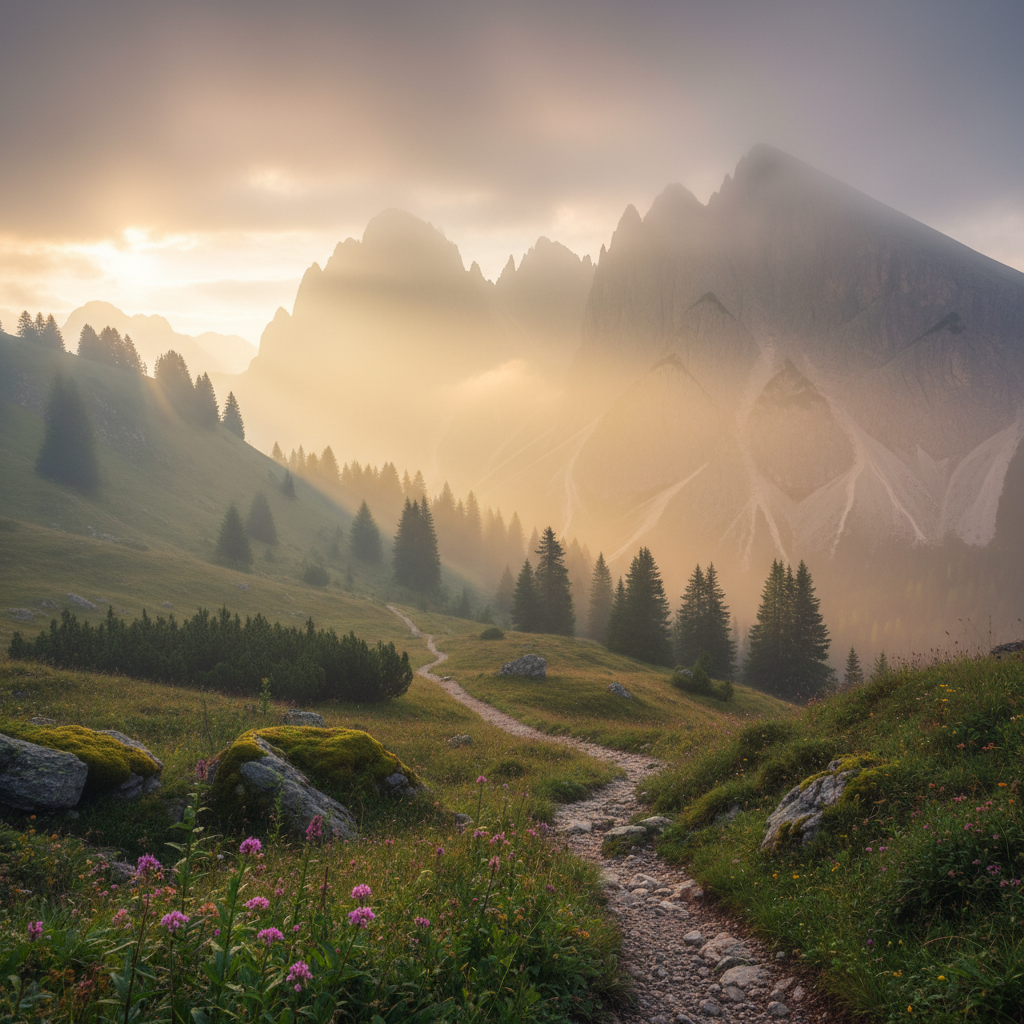 A serene mountain landscape covered in a beautiful, soft fog, warm lighting, natural setting, textured background, no visible text