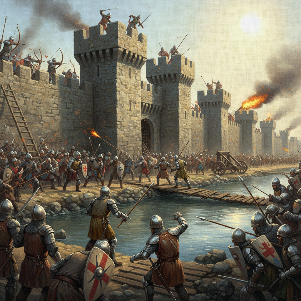 Illustration of medieval soldiers on castle walls defending against enemies attempting to cross a moat, in an artistic rendering style, textured background, bright lighting, centered focus, no text.