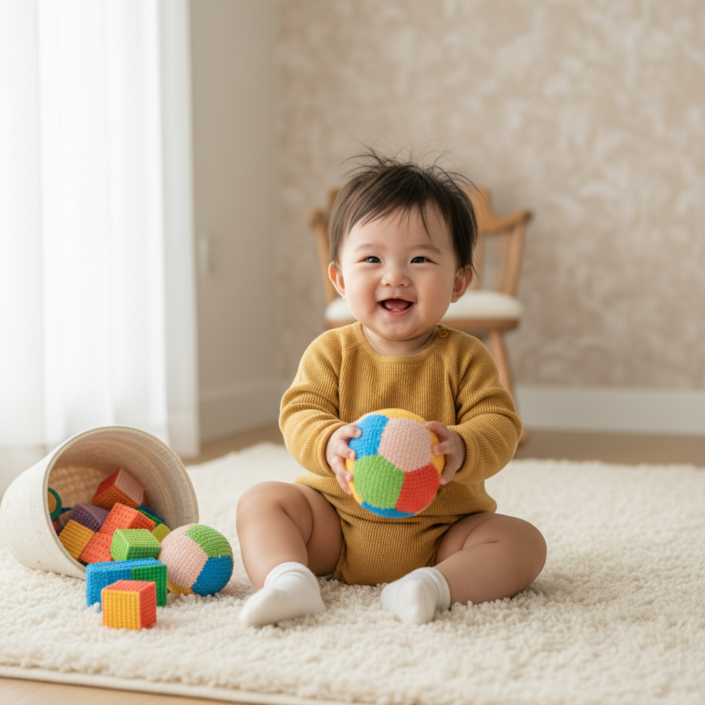 A joyful, realistic lifestyle photograph of a Korean baby playing, bright and balanced lighting, a soft, textured background, natural expression, no text