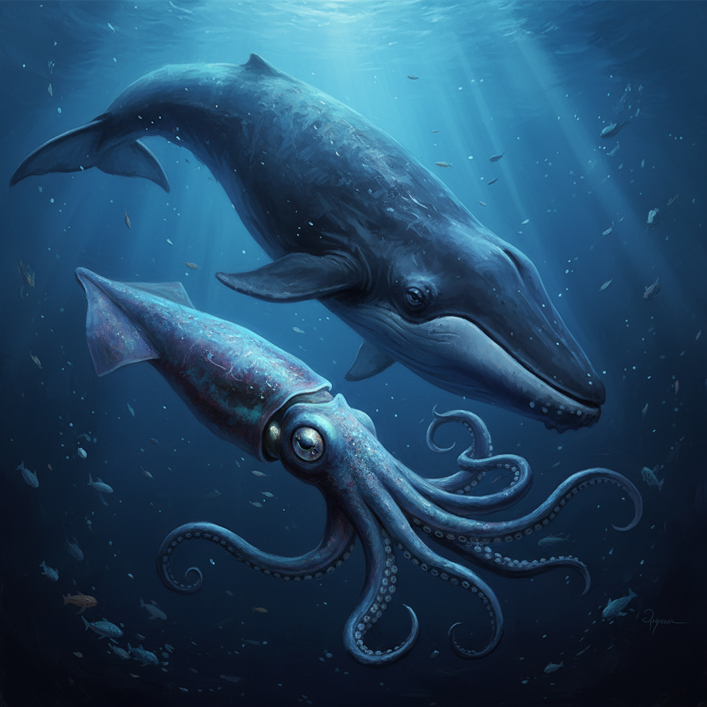 A dramatic underwater scene of a sperm whale approaching a giant squid, showing the squid's large eye sensing the whale. Artistic rendering, deep ocean background with light filtering from above, no text.