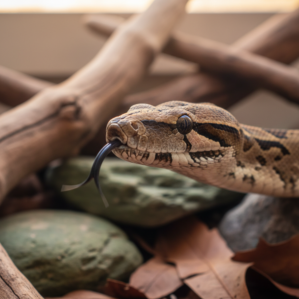 A close-up lifestyle photography of a snake flicking its bifurcated tongue, capturing the intricate movement, warm ambient lighting, textured background, centered focus, no text.