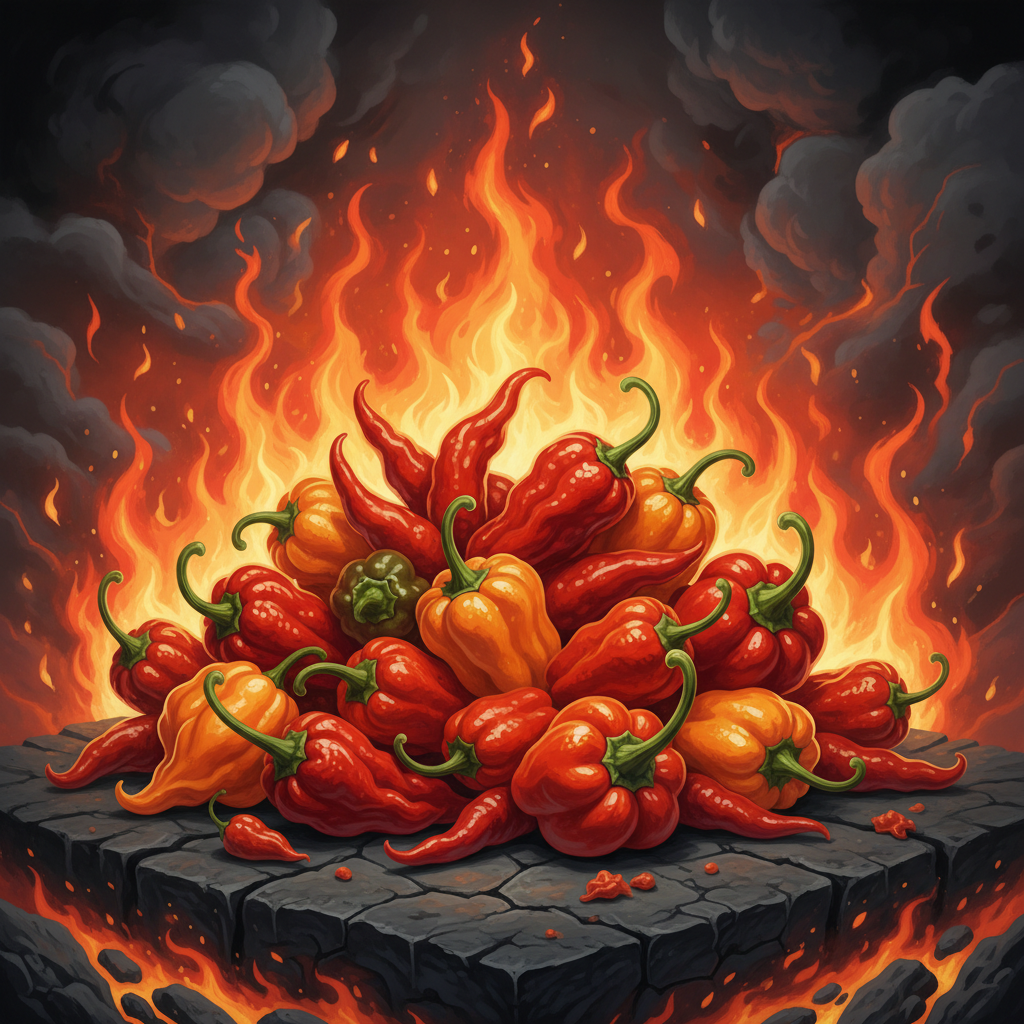 A vibrant, detailed illustration of various extremely hot chili peppers with a fiery aura, arranged attractively on a textured, dark background. Bright, balanced lighting, no text.
