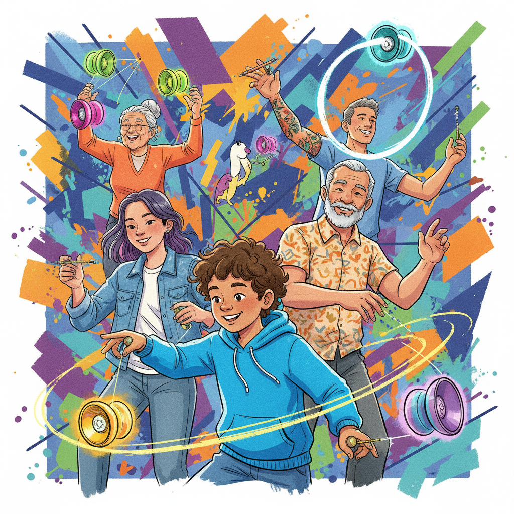 Dynamic illustration of various modern yoyos being played by people of different ages, vibrant colors, textured background, no text, aspect ratio 1:1