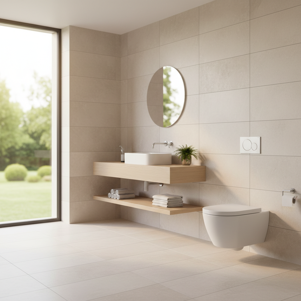 lifestyle photography of a clean and modern indoor toilet in a contemporary bathroom setting, warm lighting, natural setting, light-colored tiled background, no text