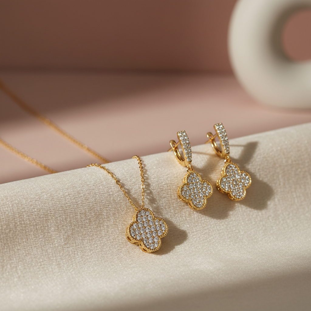 A close-up lifestyle photograph of elegant four-leaf clover shaped jewelry, such as a necklace and earrings, displayed on a soft, textured fabric, warm studio lighting, modern minimalist background with subtle colors, no visible text, focused on product details