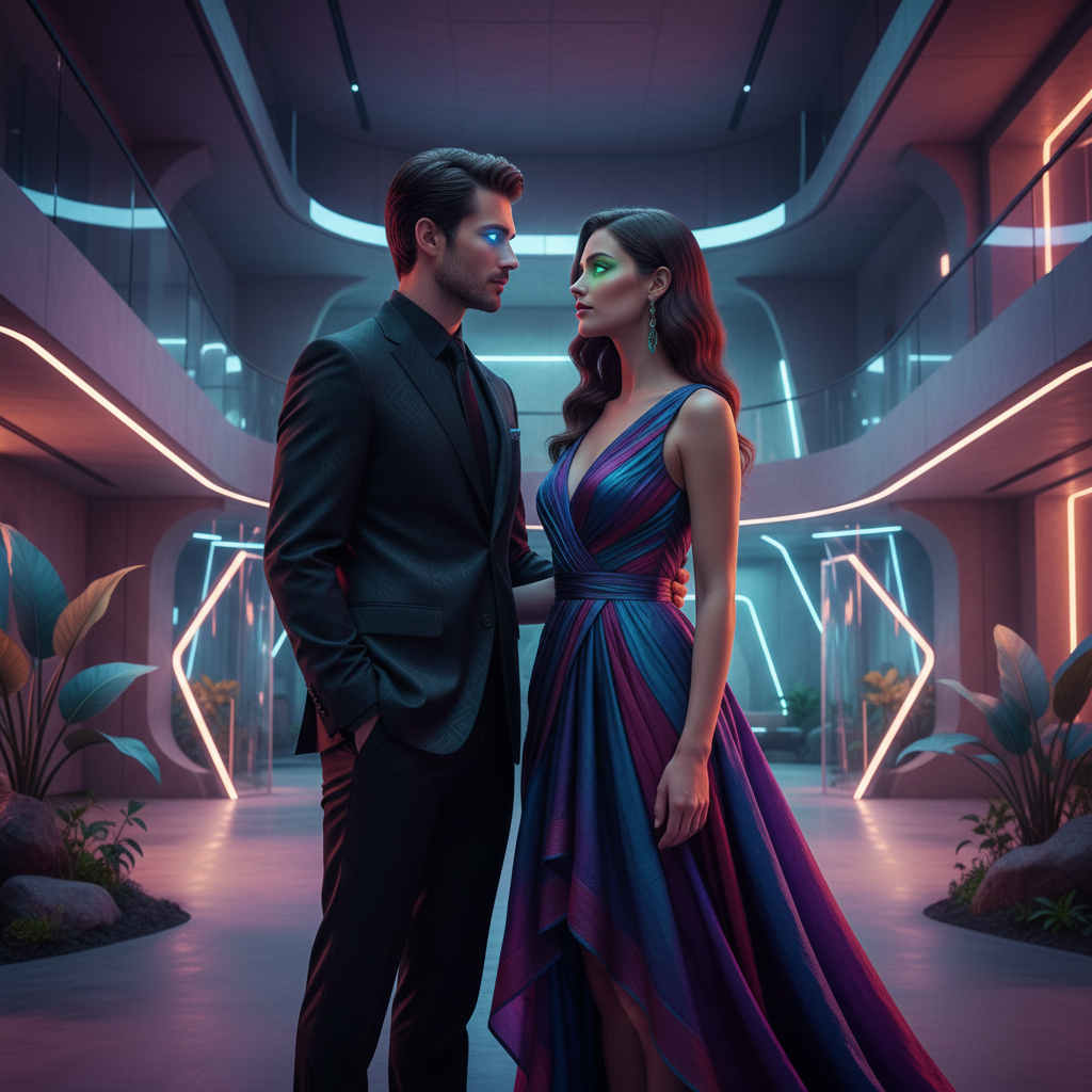 A stylish man and woman, both with mysterious, slightly glowing eyes, looking at each other in a contemporary setting, modern fantasy, soft lighting, vibrant colors, no text