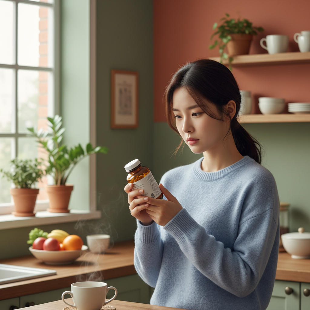 Lifestyle photography of a Korean person carefully reading a product label of a supplement bottle in a bright kitchen, soft natural lighting, cozy home setting, colored background, no text.