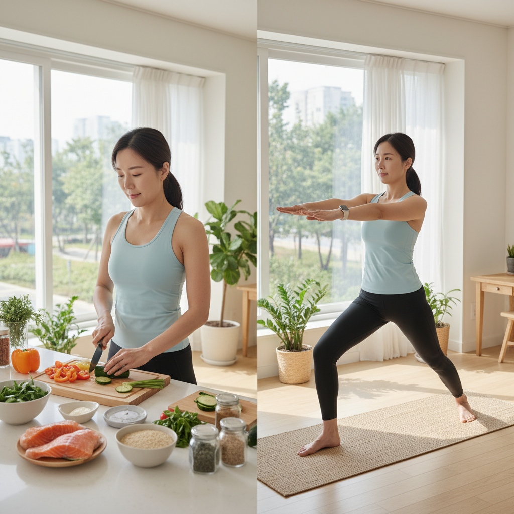A Korean person thoughtfully preparing a healthy meal and exercising, depicting a balanced lifestyle for blood sugar management, lifestyle photography, warm and natural setting, no text
