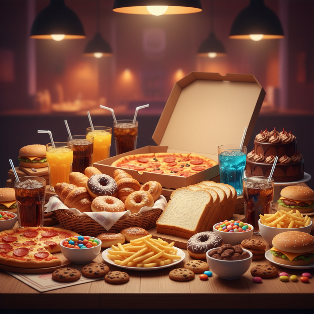 A table filled with various high-carbohydrate and sugary foods like white bread, pastries, sugary drinks, and fast food, with a sense of indulgence, warm lighting, colored background, no text