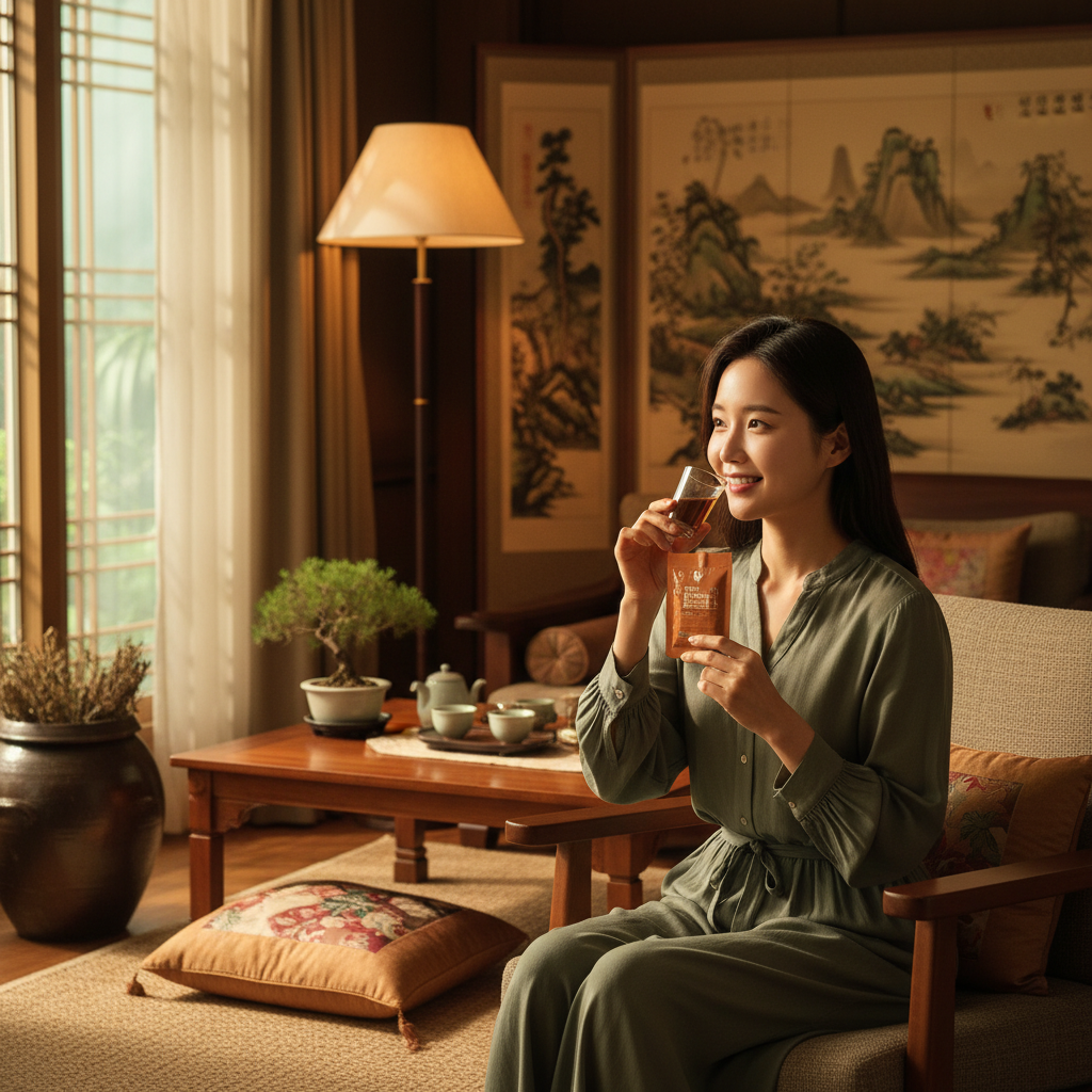 A vivid lifestyle scene showing a Korean woman drinking ginseng extract, warm lighting, cozy living room with traditional Korean elements, no text, natural setting, centered focus