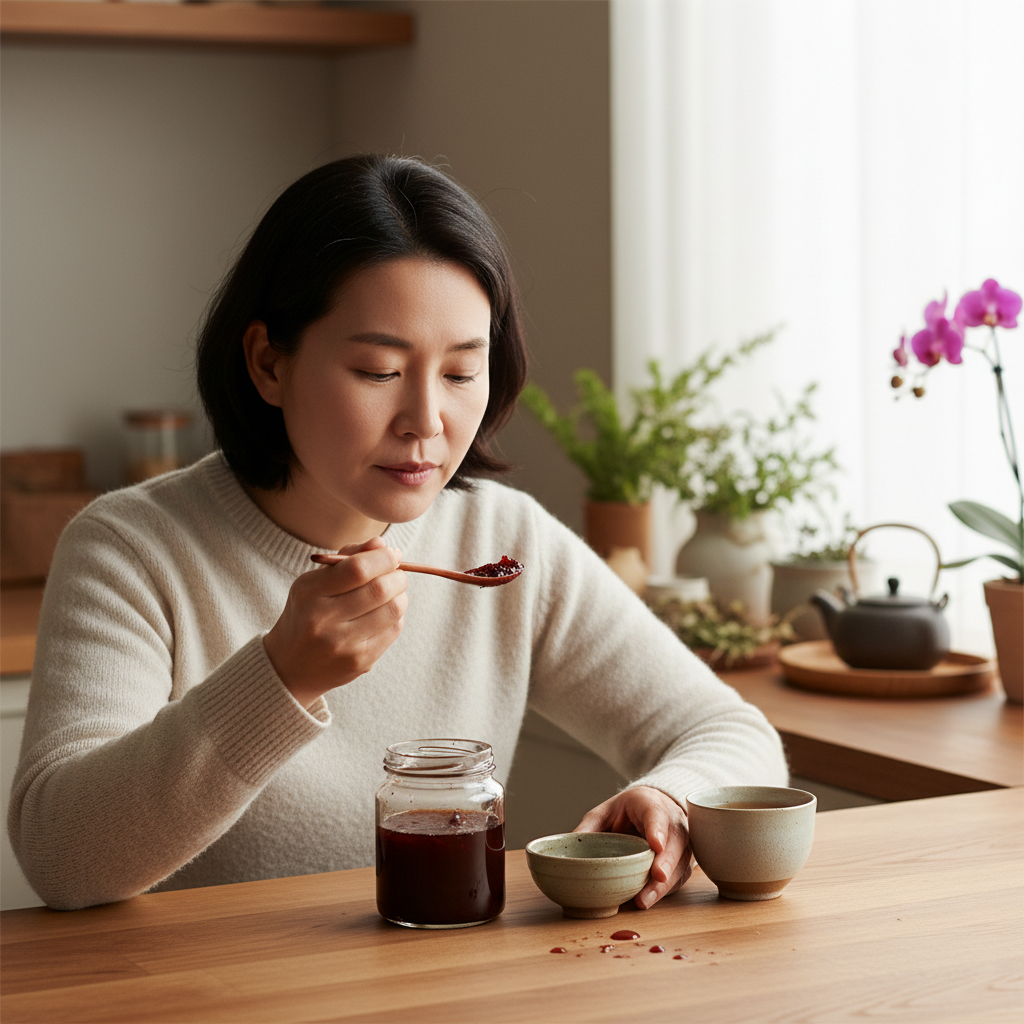 Lifestyle photography of a Korean person thoughtfully preparing and consuming red ginseng extract, bright and balanced lighting, kitchen counter with natural wood texture, no text, centered focus, visually rich