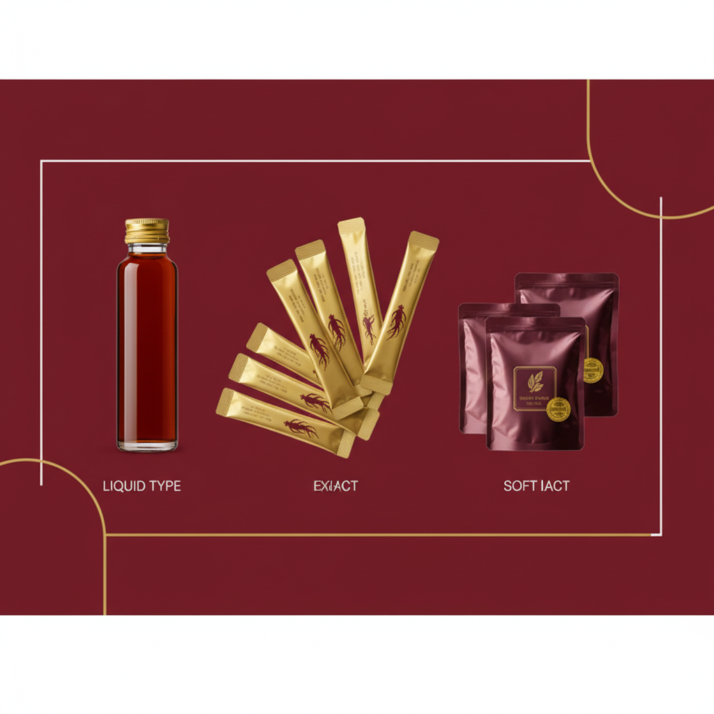 Clean infographic showing various forms of red ginseng extract products like liquid, stick, and pouch, modern layout, high contrast, colored background, no text, visually rich