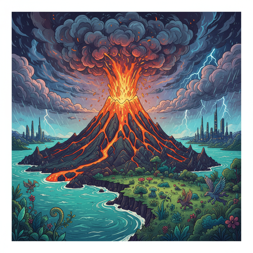 An artistic rendering of a volcanic eruption with elements representing its impacts: new land formation, changing weather patterns, evolving ecosystems, and human cities in the distance, illustration style, textured background, no text, bright, balanced lighting, centered focus, visually rich, no empty margins