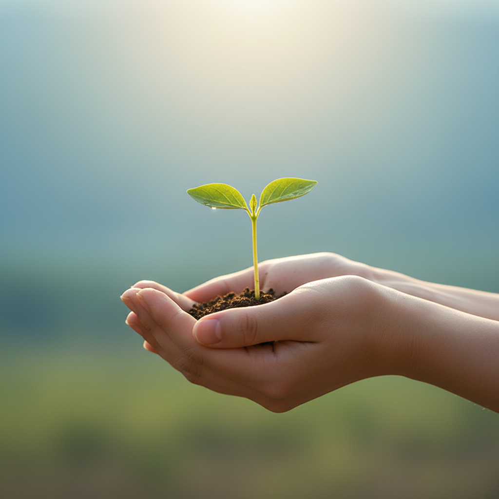 A close-up shot of hands gently holding a small green seedling against a soft, gradient background symbolizing environmental protection and sustainable living. Warm lighting, natural setting, Korean appearance, no text.