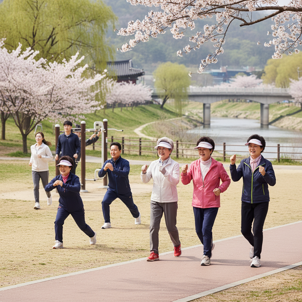 Several Korean people of various ages engaging in brisk walking and light strength training outdoors in a park, dynamic composition, bright balanced lighting, natural background, no text