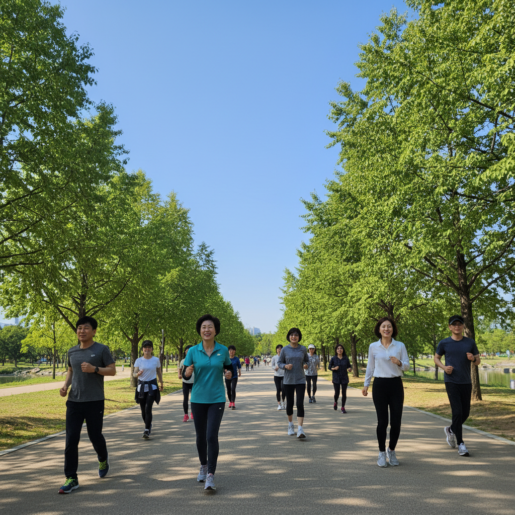 A group of Korean people engaging in moderate exercise outdoors, like brisk walking or light jogging in a park, with green trees and a clear sky, dynamic composition, bright and balanced lighting, no text