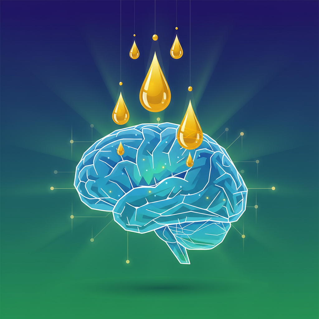 A conceptual illustration depicting a healthy, active brain being nourished by droplets of extra virgin olive oil, suggesting brain function protection. Use clean infographic style, high contrast, with a gradient background. No text.