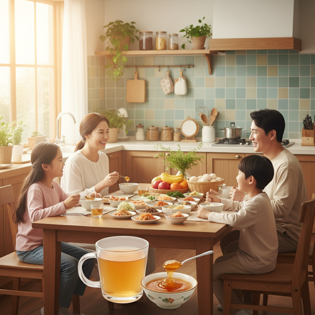Lifestyle photography of a vibrant Korean family enjoying a healthy breakfast, with a glass of doraji tea or a spoonful of doraji cheong visible. Warm, bright lighting, in a cozy kitchen setting, with a soft, colored background. Natural expressions, no text.