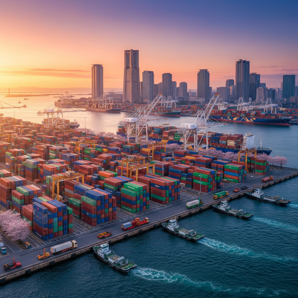Scene related to international shipping and logistics in a vibrant Japanese port, detailed composition with colorful containers, colored background, no text