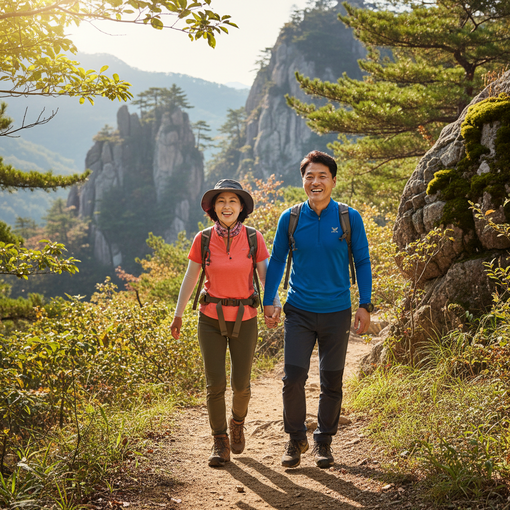A vibrant lifestyle photography scene of a Korean man and woman in their 40s enjoying an outdoor activity like hiking, with clear signs of energy and vitality. Bright, balanced lighting, natural setting, textured background, no text.