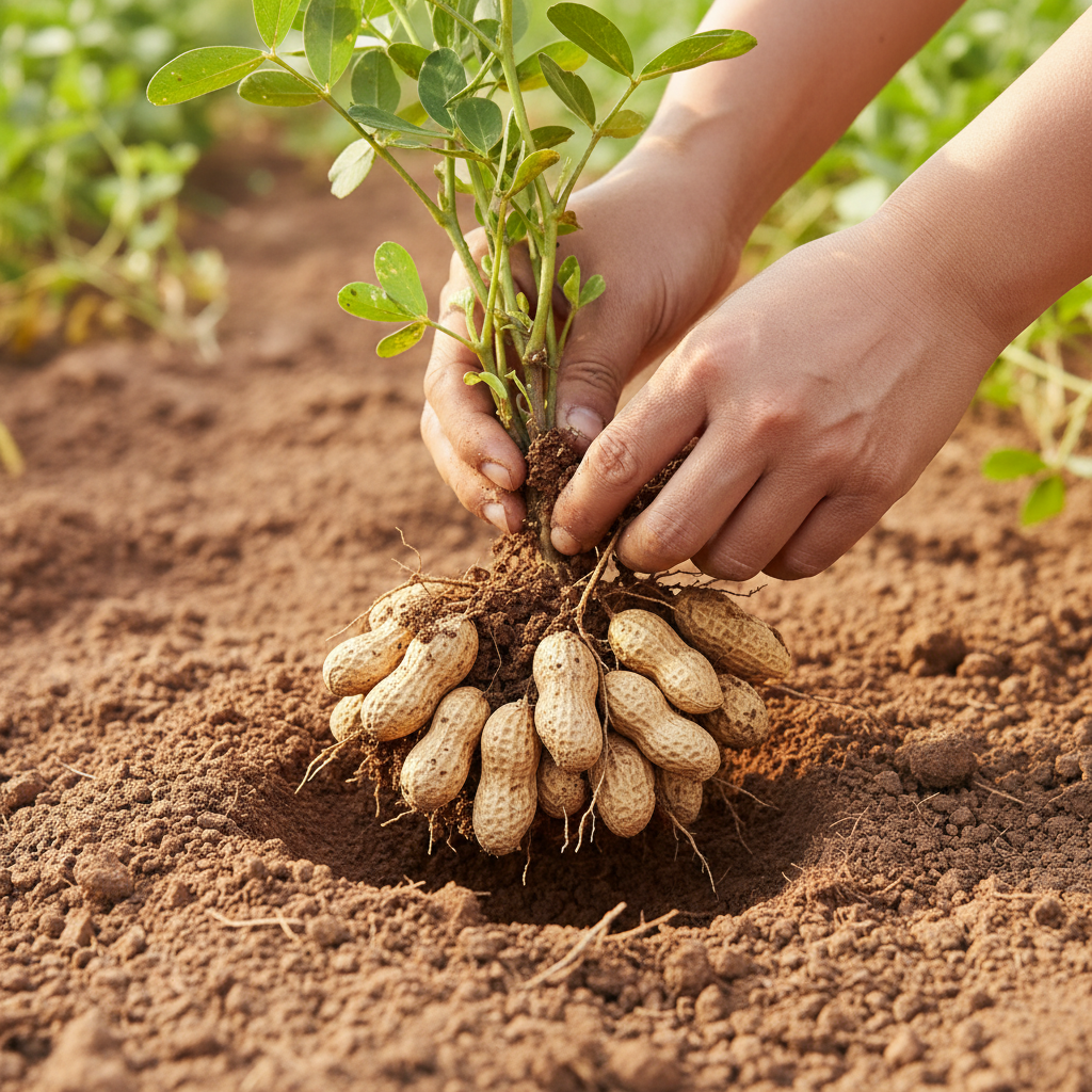 A realistic photograph of hands carefully digging up a peanut plant from loose soil, revealing numerous peanut pods attached to the roots, natural outdoor lighting, a subtly textured earth background, no visible text.