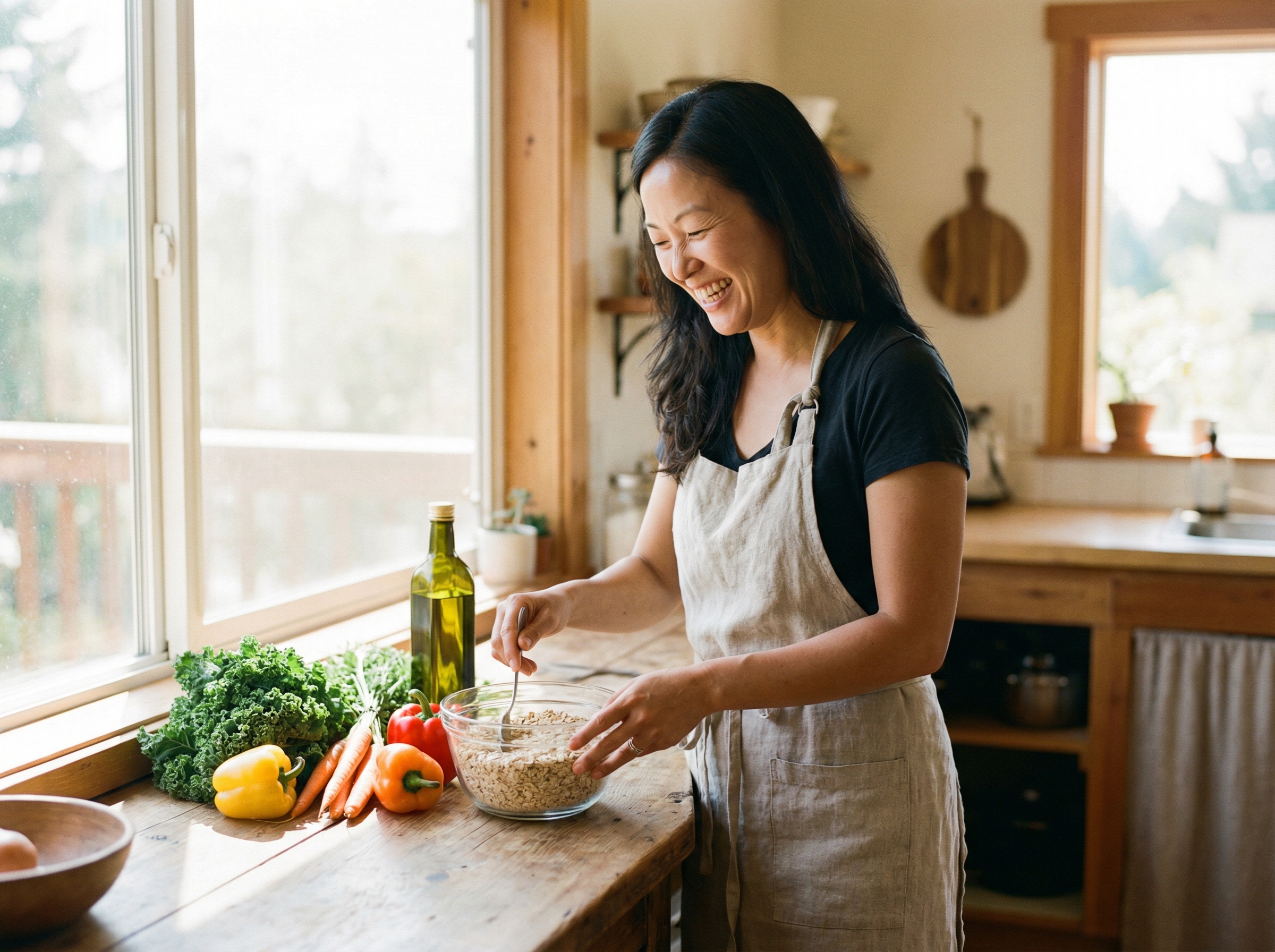 A Korean woman in her 40s is happily preparing a healthy meal with fresh vegetables, olive oil, and oats on a bright kitchen counter. Lifestyle photography, warm lighting, natural setting, aspect ratio 4:3, no visible text.