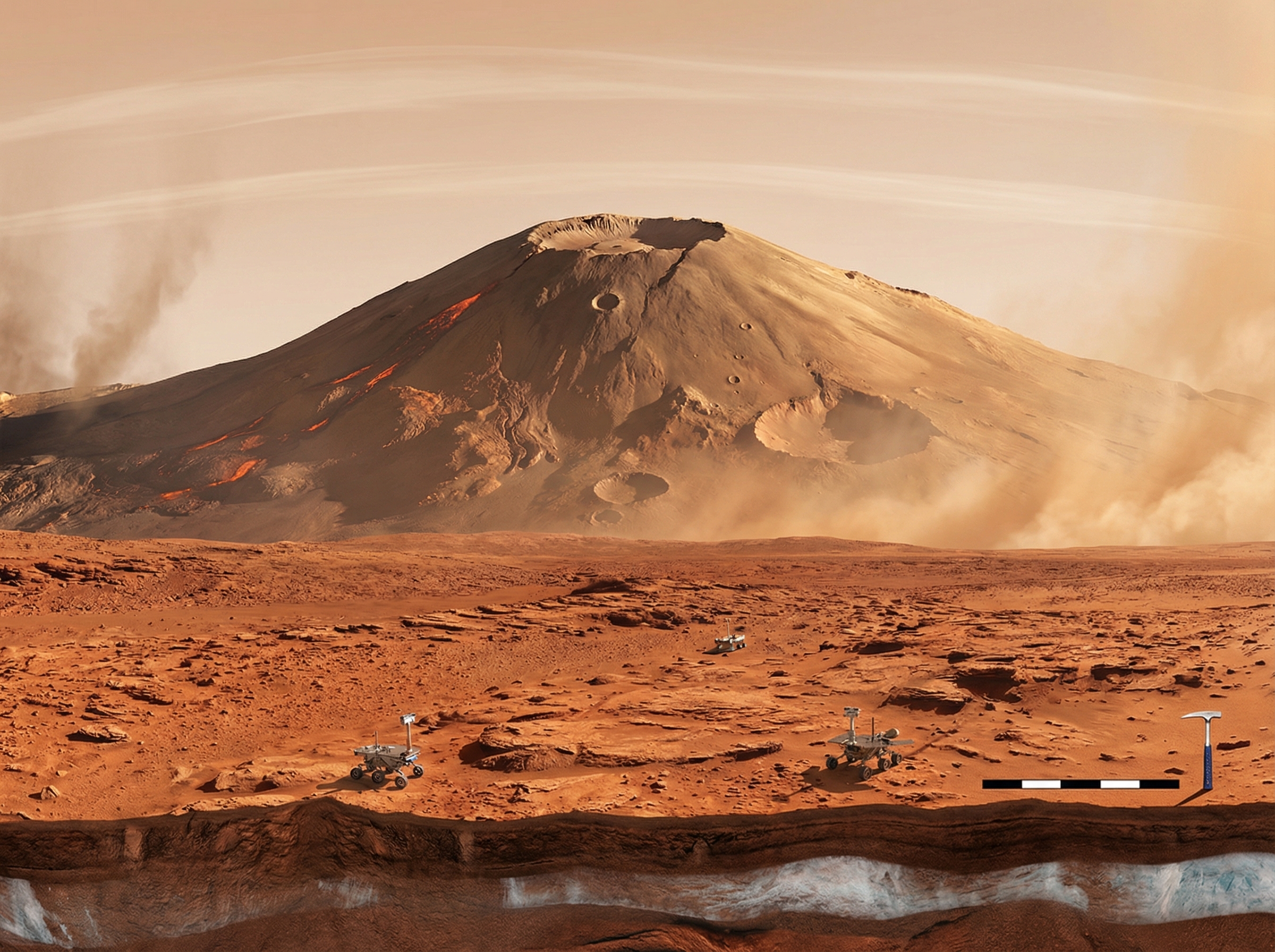 A detailed, high-contrast infographic showing the surface of Mars. The foreground features a vast reddish desert with small rocks and dust, leading to a majestic, towering Olympus Mons volcano in the background. The sky is a pale, hazy orange. Aspect ratio 4:3, no visible text.
