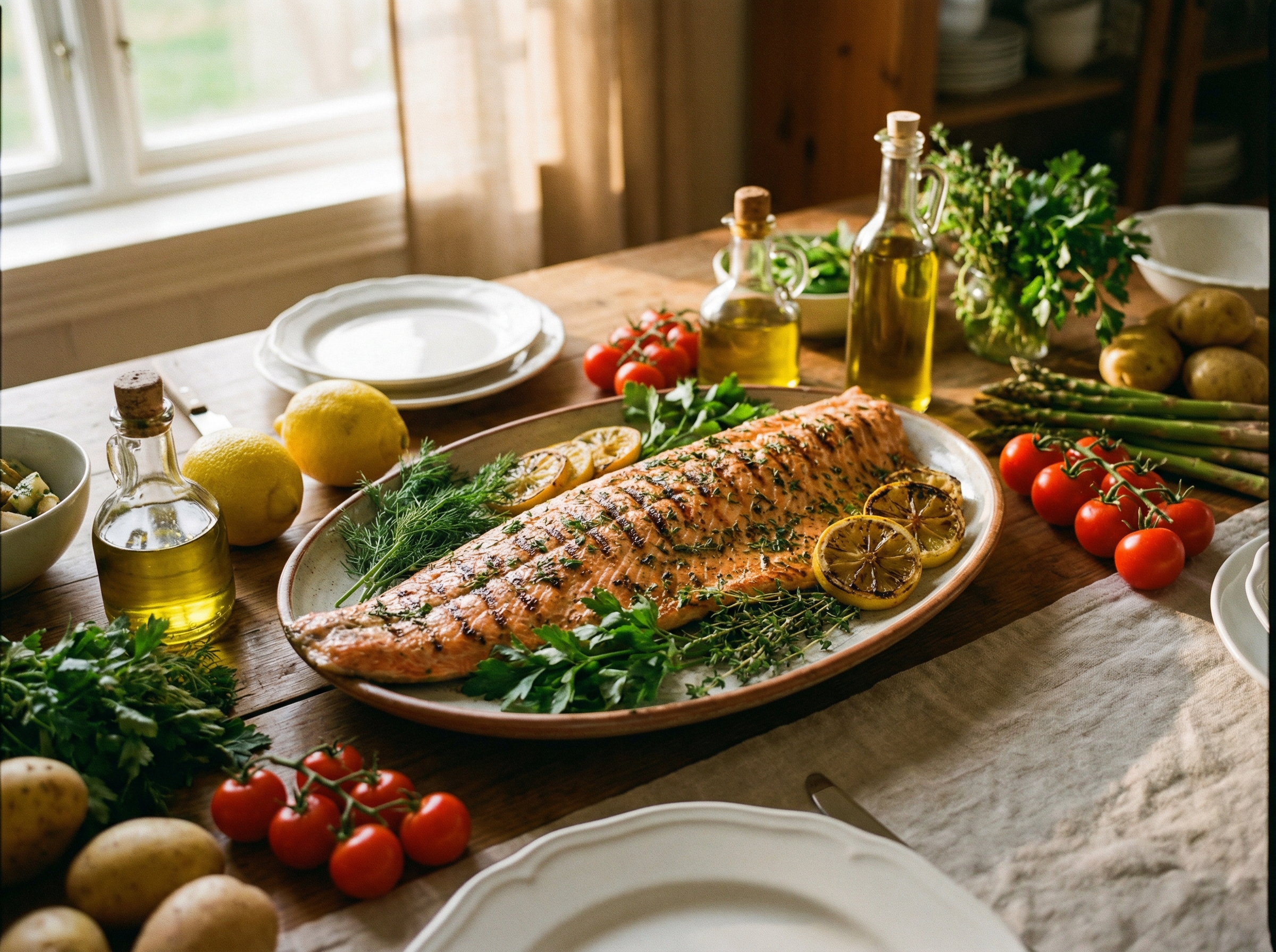A healthy dish of grilled salmon with herbs and lemon on a dining table, surrounded by other fresh ingredients. Realistic image, natural setting, warm lighting, aspect ratio 4:3, no visible text.