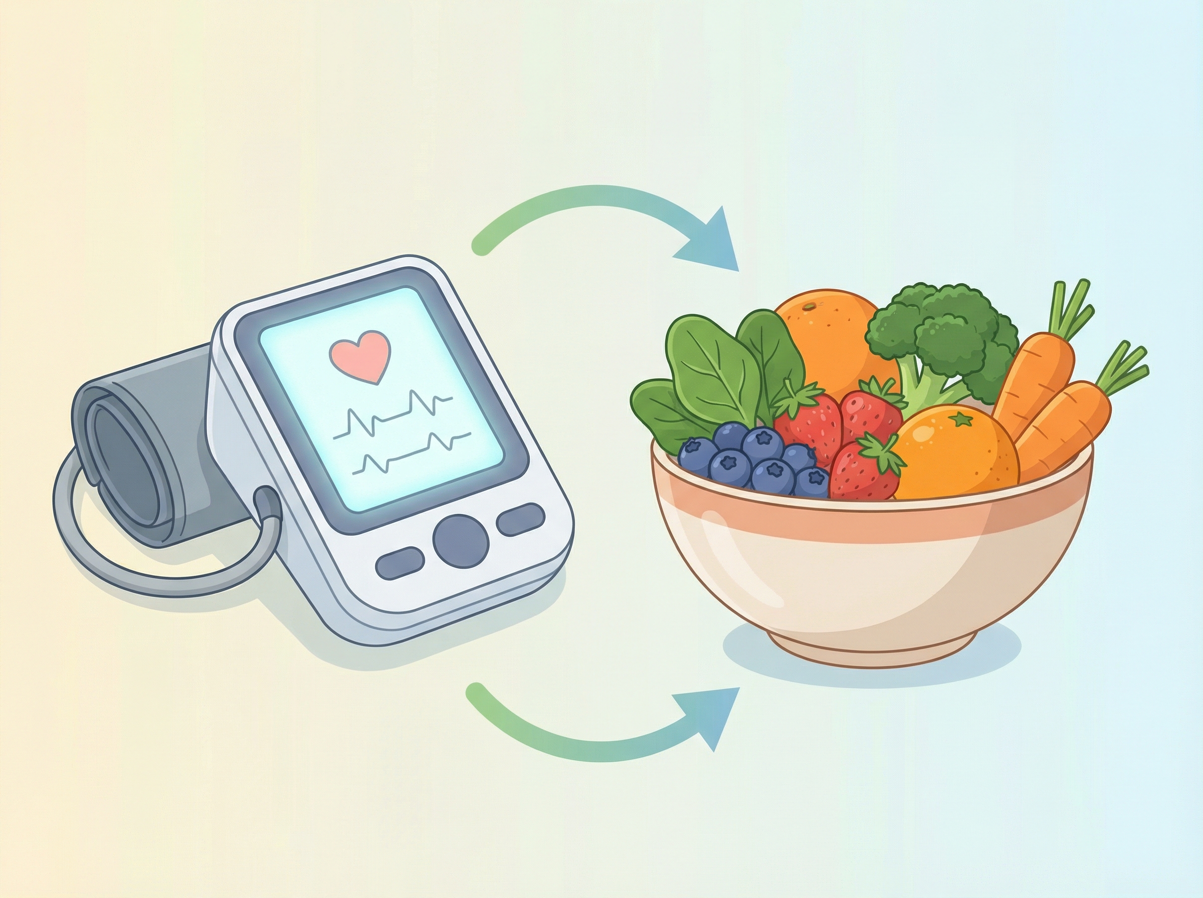 A clean infographic style image showing a blood pressure monitor next to a bowl of colorful fresh fruits and vegetables, symbolizing blood pressure management through diet. The background is a soft gradient. Aspect ratio 4:3. no visible text. No Korean text.