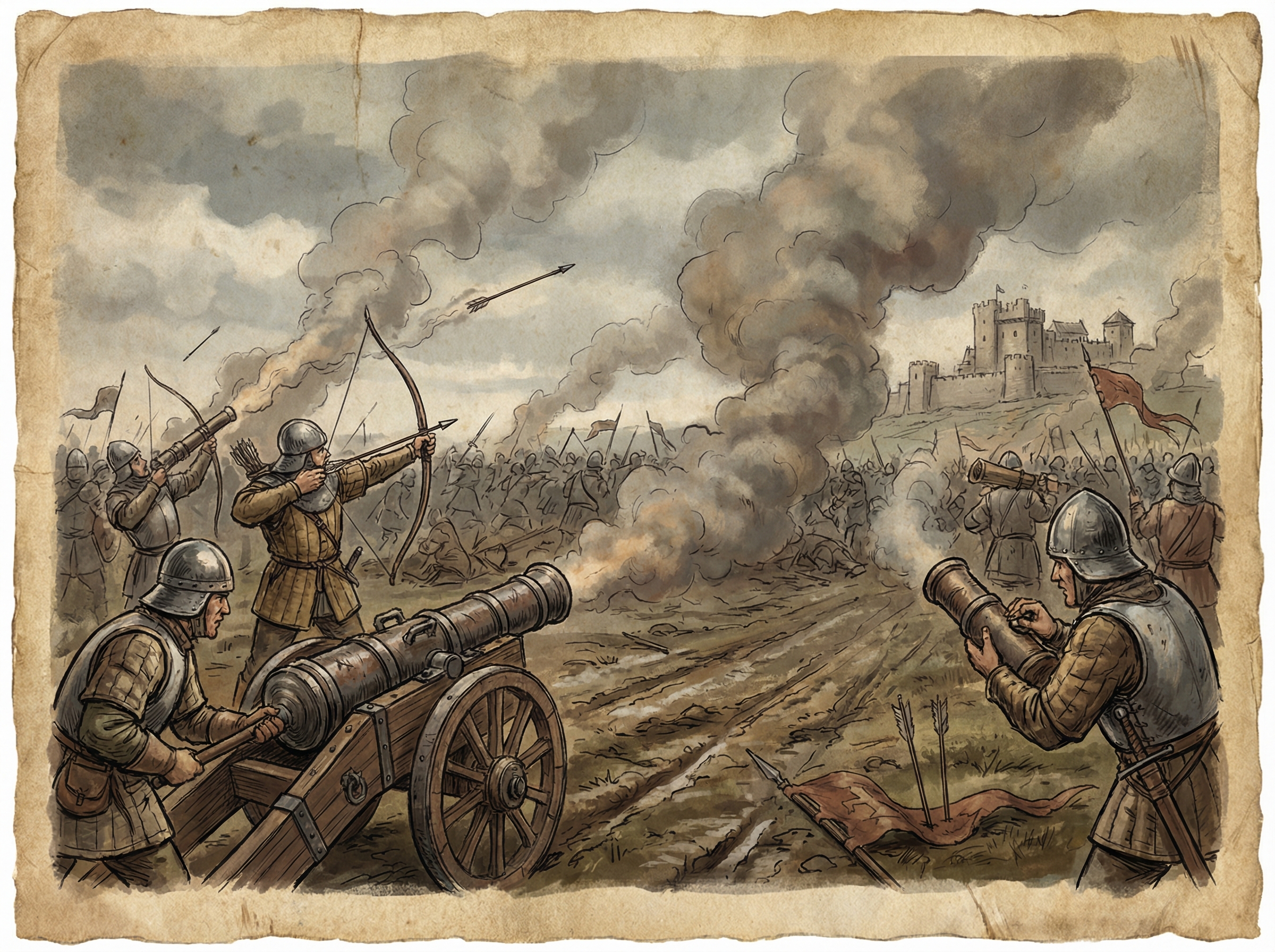 Medieval battlefield with soldiers using early gunpowder weapons like crude cannons and gunpowder-fueled arrows. Smoke and chaos, realistic style, historical illustration, textured background, no visible text, 4:3 aspect ratio.