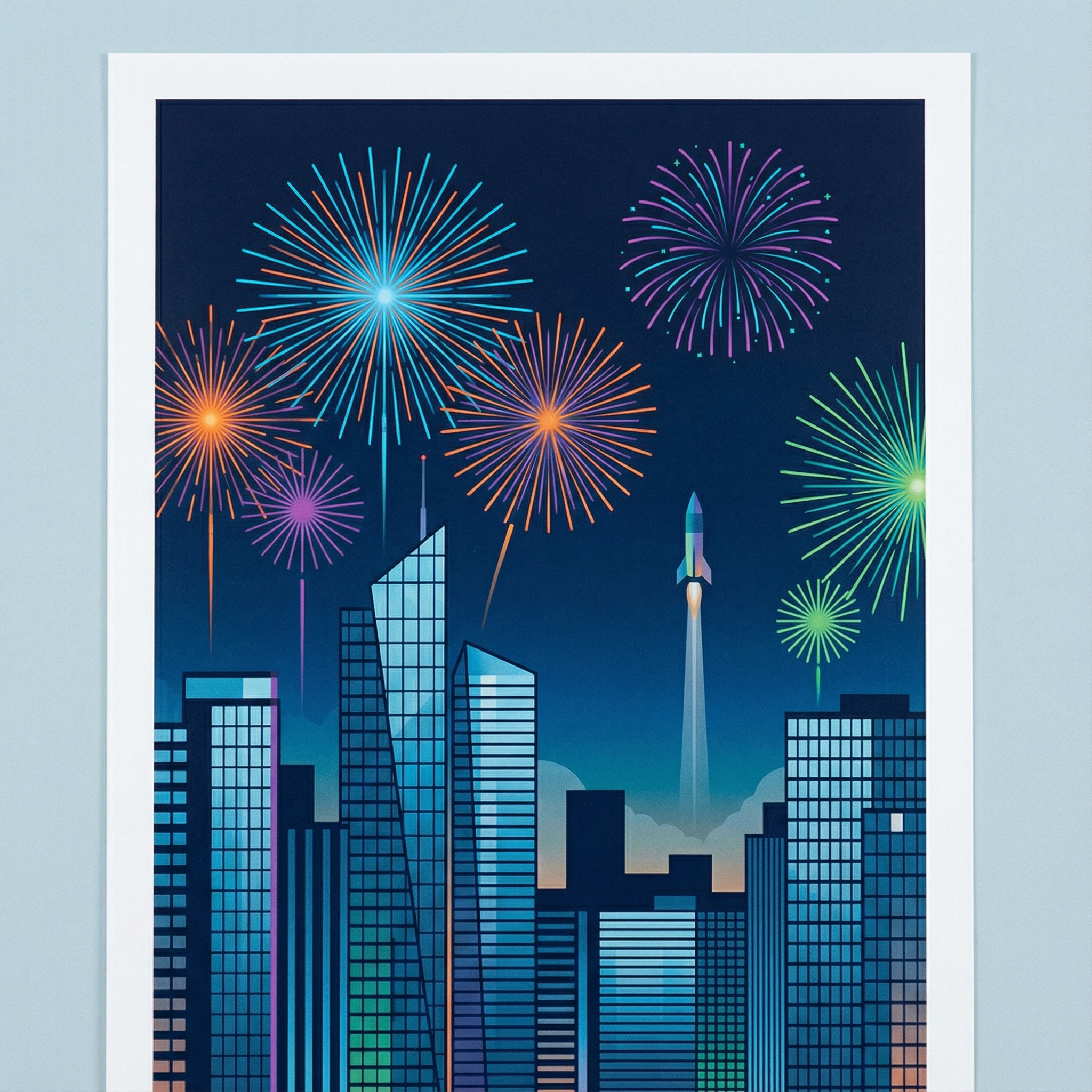 Modern fireworks exploding over a city skyline at night, with a subtle illustration of a rocket launching in the background, vibrant colors, clean and modern style, no visible text, 1:1 aspect ratio.