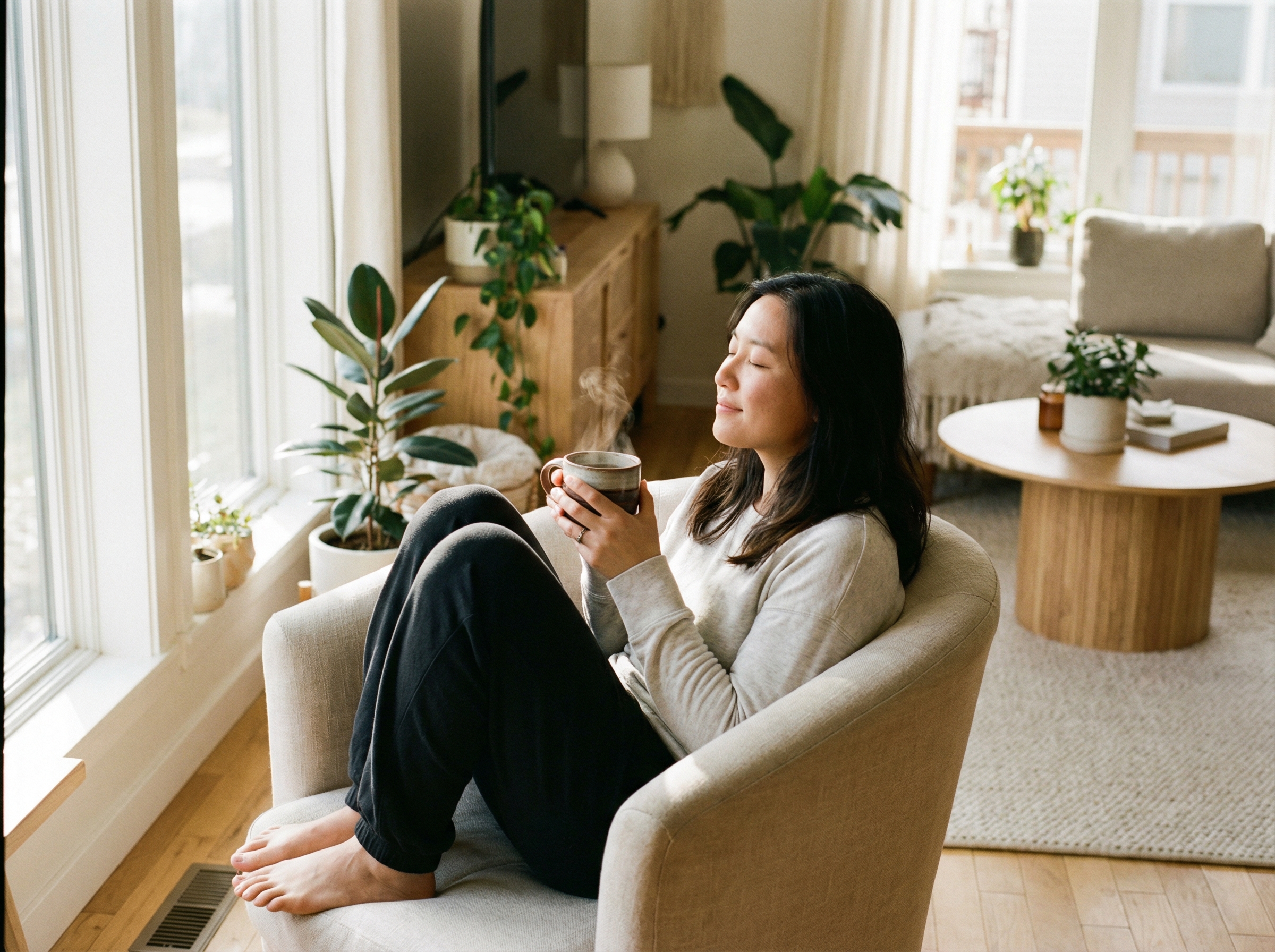 A person with relaxed eyes, drinking a warm cup of Cassia seed tea, in a cozy, modern setting. Lifestyle photography, warm lighting, natural setting, 4:3 aspect ratio, no visible text, no Korean text.