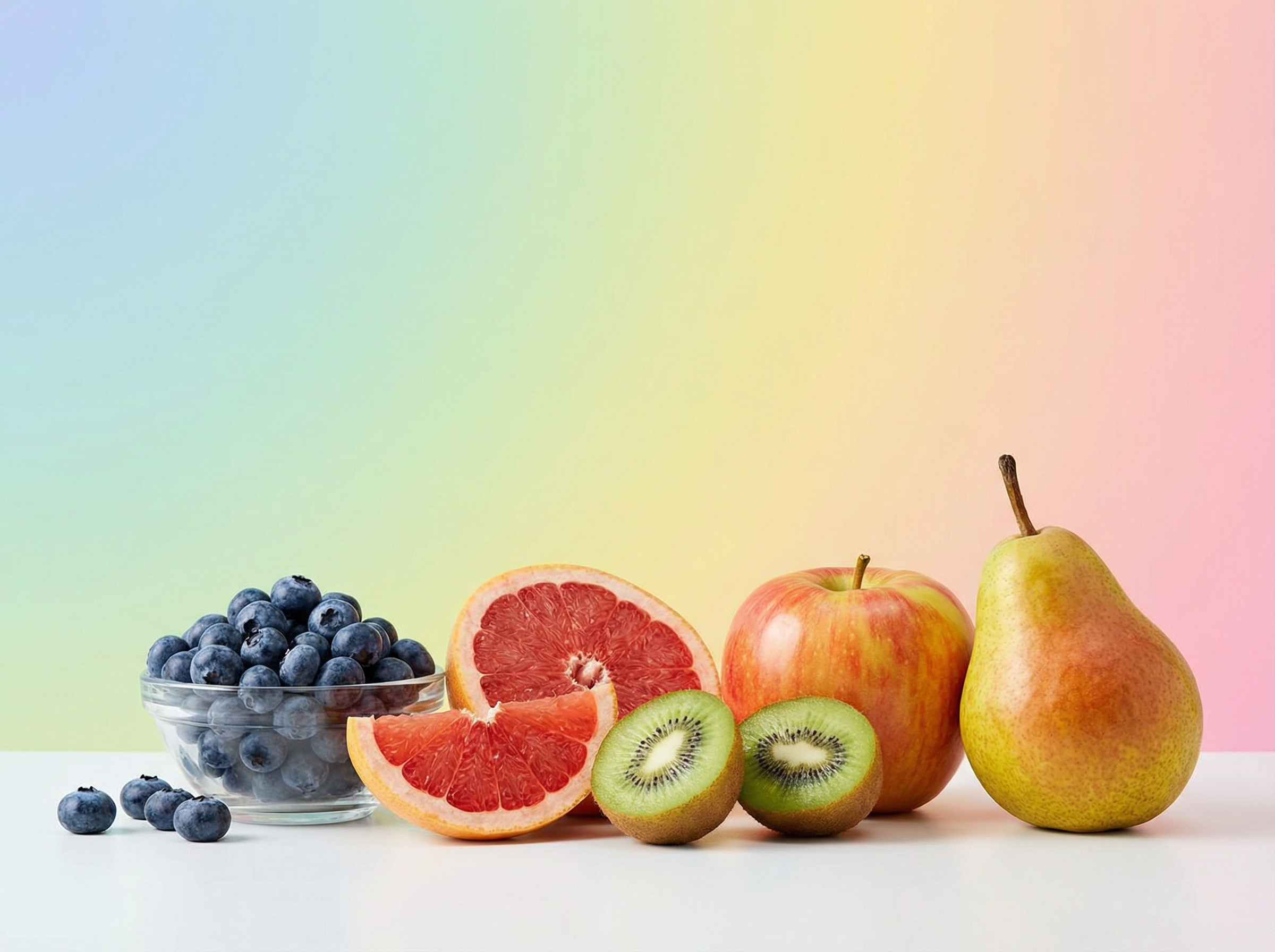 A visually appealing arrangement of fresh blueberries, sliced grapefruit, whole kiwis, a crisp apple, and a ripe pear, against a colorful gradient background. Informational style, clean and modern. No visible text, 4:3 aspect ratio.