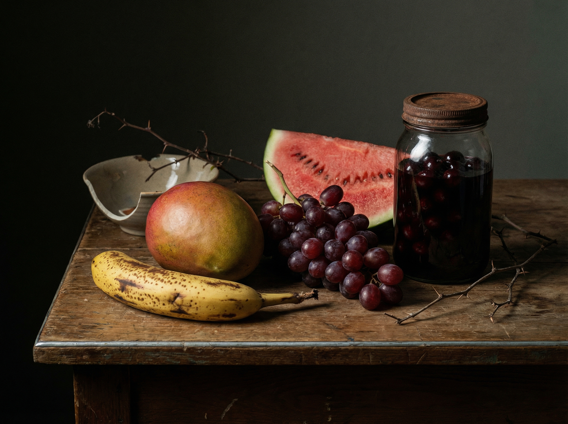 A contrasting image showing a ripe banana, a juicy mango, a bunch of red grapes, a slice of watermelon, and a jar of syrupy cherries (canned). The composition should subtly suggest caution or warning, with a slightly darker or more serious tone. Realistic photography. No visible text, 4:3 aspect ratio.