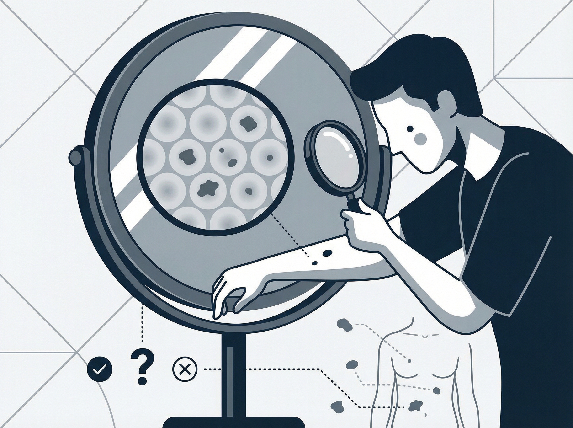 A person looking closely at their skin in a mirror, checking for any unusual spots or moles. Informational style, clean infographic, high contrast. aspect ratio 4:3, no visible text, no Korean text